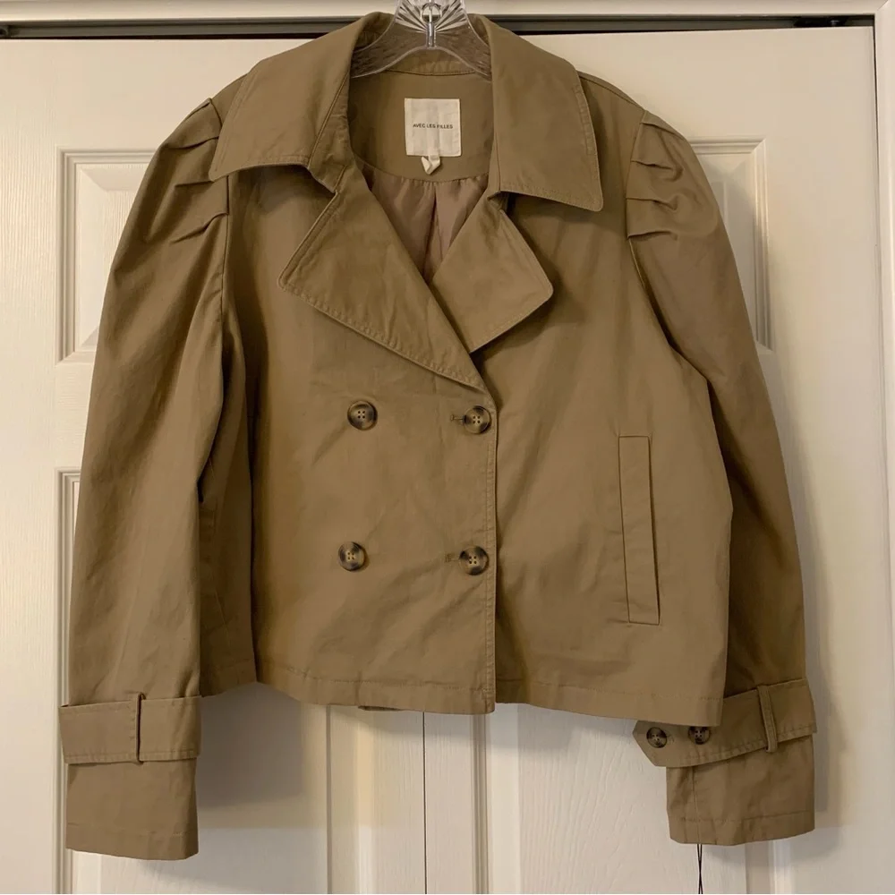 Avec Les Filles Cropped Puff Sleeve Trench Coat Tan Double Breasted XL NWT - Picture 4 of 15